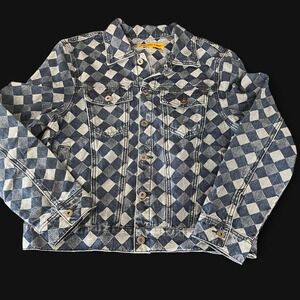 Round Two Diamond Checkerboard Denim Trucker Jacket